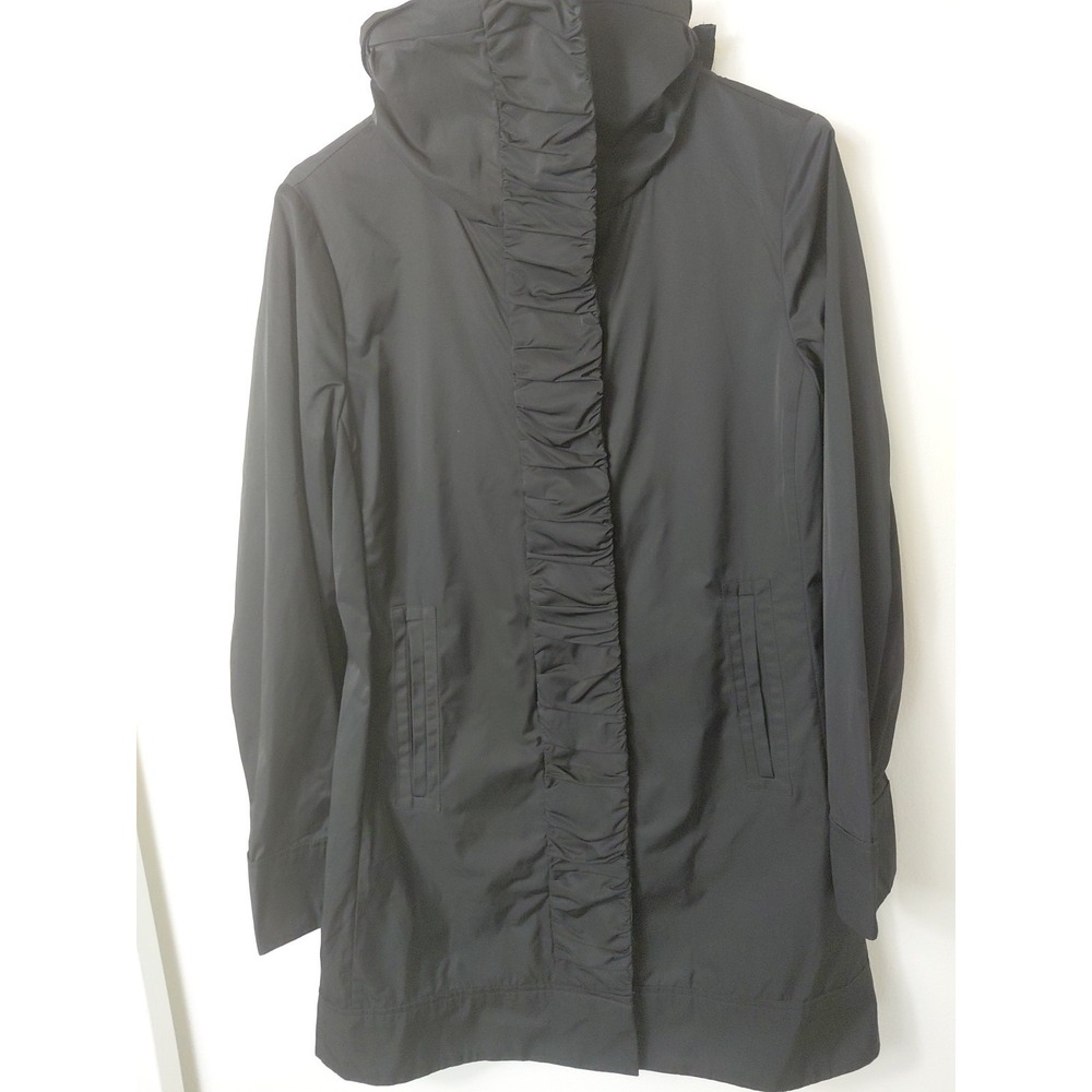Rainforest Rain Jacket Coat Women's Size Small  Black Hooded Ruffle Front